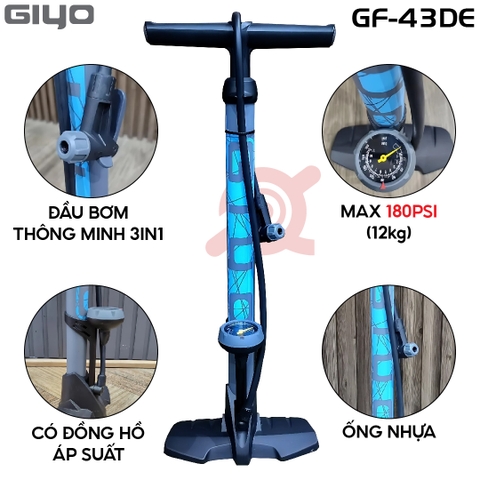 Bơm GIYO GF-43DE NHỰA Có Đồng Hồ XÁM Đầu Bơm Thông Minh 3in1
