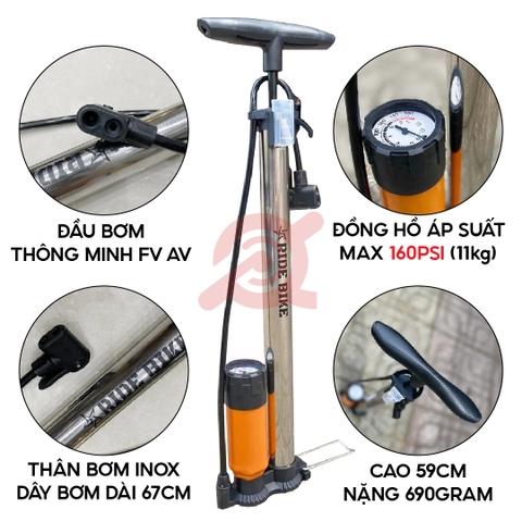 Bơm Tay Inox Ống 38 Có Bình Có Đồng Hồ RIDE BIKE
