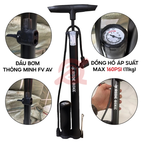 Bơm Tay Ống Đen Có Bình Có Đồng Hồ RIDE BIKE