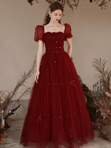 Burgundy evening gown with fluttering sleeves R4010