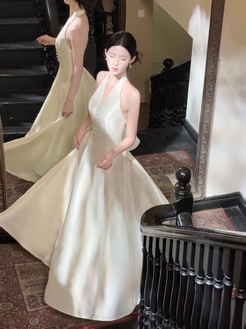 Elegant French-style satin halter neck maxi dress – sleeveless and minimalist by GJFD