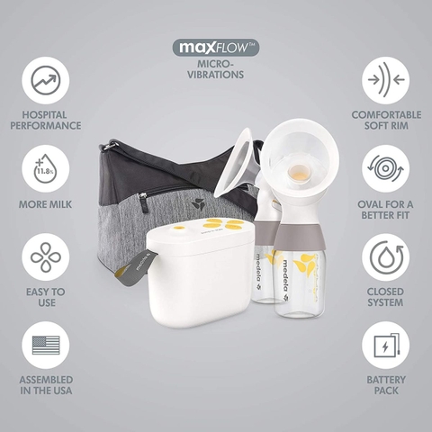 Máy hút sữa Medela Pump Instyle Maxflow (bản rút gọn). Tặng: 2 phễu silicon minipum & đệm hạ size + 1 bình trữ sữa 150ml + 2 áo hút sữa rảnh tay