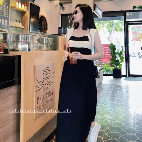Đầm 2 dây trắng đen