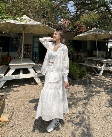 Set Áo sơ mi tay dài + chân váy trắng sọc nhạt thương hiệu TJU