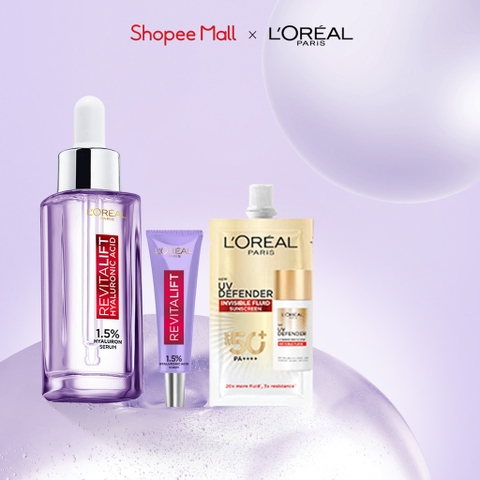 Bộ Serum siêu cấp ẩm L'Oreal Paris Revitalift Pure Hyaluronic Acid 1.5% 30ml & Kem chống nắng UV Defender Serum SPF 50++