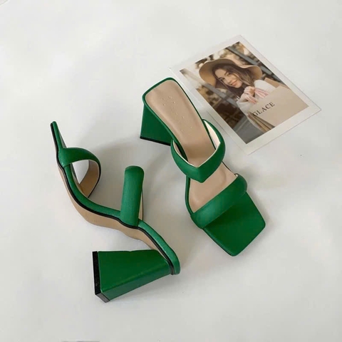 Guốc cao gót 2 quai ngang phồng đế tam giác 9 phân