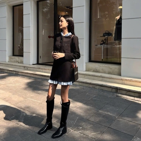 Set Dạ Tiểu Thư Kiểu Nữ Áo Khoác Dáng Ngắn Dài Tay Thêu Logo Veo's & Chân Váy Đen - Irene Top & Irene Skirt