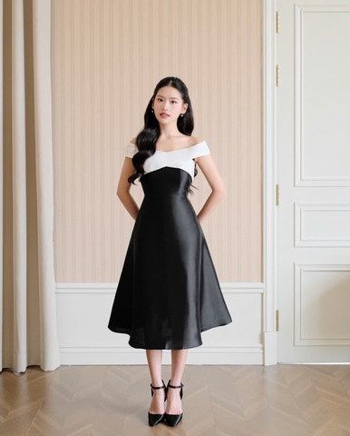 Váy nữ dáng xòe trễ vai phối đáp ngực thương hiệu CALIE