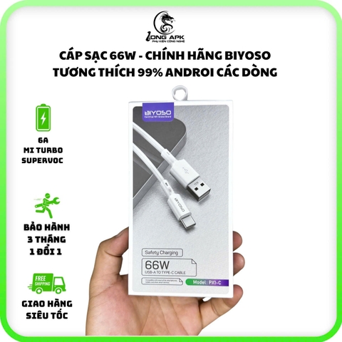 [Hàng chính hãng] Cáp sạc nhanh 66W - 6A BIYOSO tương thích 99% điện thoại androi ( 33w - 65w - 66w ) cổng USB - TYPE C dài 1 mét 2 sạc điện thoại và truyền dữ liệu