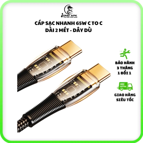 Cáp sạc nhanh dài 2 mét dây dù có 2 loại cổng C - L cho lP và C to C 65W - 20W PD phụ kiện sạc điện thoại Phone Usb C