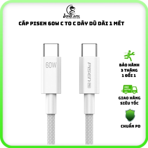 Cáp sạc PISEN 60w C to C dài 1 mét dây dù dùng cho điện thoại - lap - pad - mac phụ kiện phone Sạc Điện Thoại Usb Titan