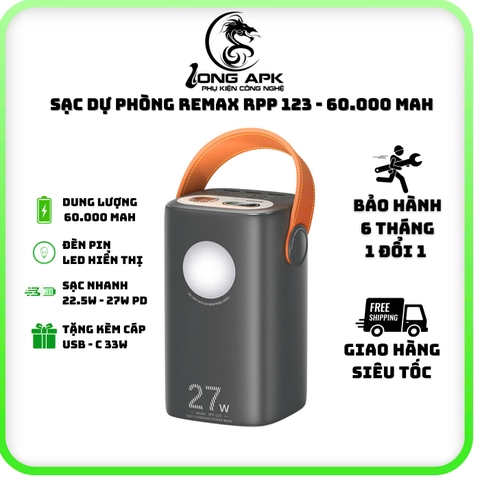 Pin sạc dự phòng REMAX RPP 123 - 60000 mah sạc điện thoại nhanh 27w PD - 22.5W Pin Dự Phòng Sạc Nhanh