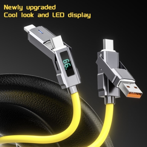 Cáp sạc nhanh 4 in 1 dây silicon 66w dài 1 mét có đèn màn hình LED hiển thị