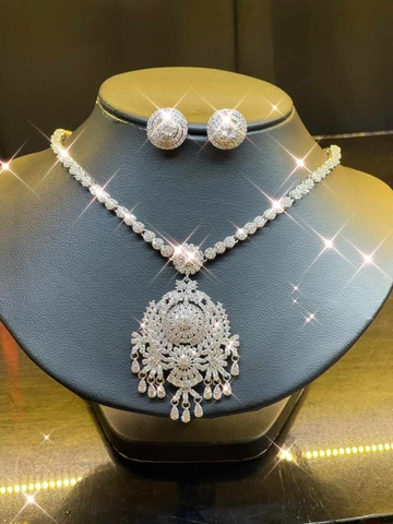 Bộ Vòng cổ + Bông tai Xi Đính Đá Cao Cấp