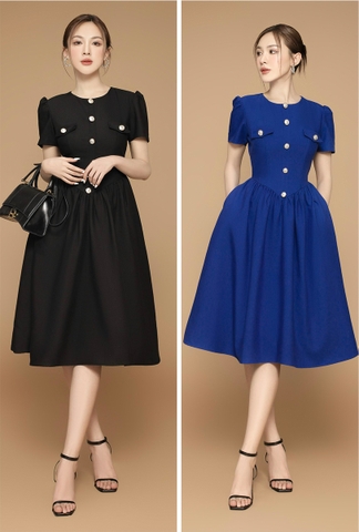 Đầm Xòe Cổ Tròn Phối Nắp Túi QC CC