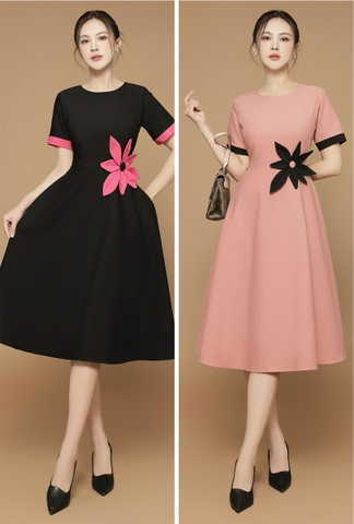 Đầm Cổ Tròn Dáng Xòa Đính Bông Eo