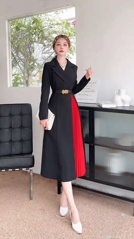 Đầm Qc Cao Cấp Tay Dài, Cổ Vest Xẻ Phối