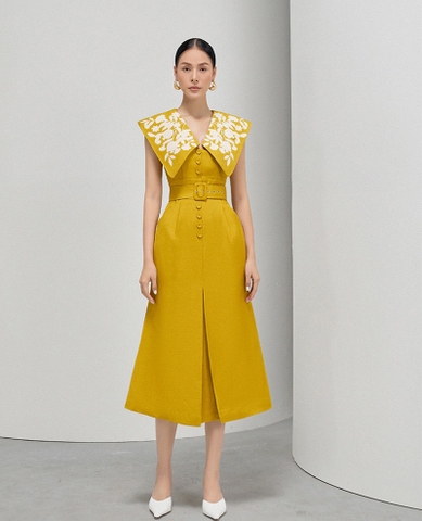 Đầm Qc Cổ Bẻ Thêu Họa Tiết, Form Đuôi Cá