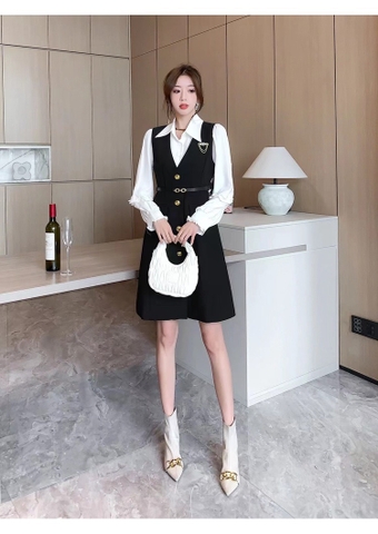 Set Đầm Qc Gồm Váy Gile Kem Áo Sơ Mi Lụa