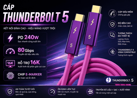 Cáp Thunderbolt 5 80Gbps PD240W Hỗ Trợ Xuất Hình 16K Chính Hãng