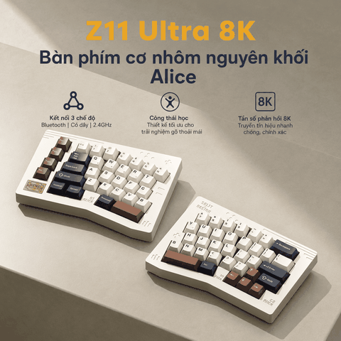Keychron Z11 Ultra 8K - Bàn Phím Cơ Alice Tách Đôi CNC Nhôm Nguyên Khối | 3 Chế Độ Kết Nối | Wireless 8K Polling Rate