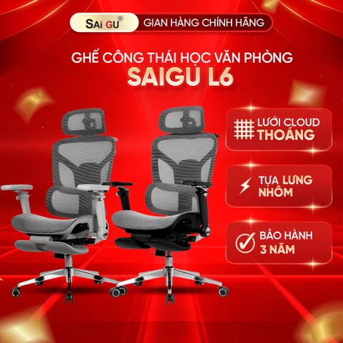 [FULL VAT] Ghế Công Thái Học  Saigu L6  | L8 – Khung Hợp Kim Nhôm Hàng Không, Tay Vịn 720°, Lưới Cloud Kháng Khuẩn, Có Gác Chân