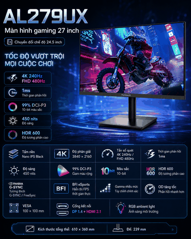 Màn hình Đồ họa & Gaming Tuoshuo AL279UX 27 inch | Nano IPS Black | Dual Mode (4K-240Hz / FHD-480Hz) | 1ms | HDR600