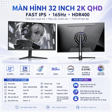 Màn Hình Gaming Tuoshuo AL326Q – 32 Inch | 2K QHD | 165Hz | Fast IPS | HDR400 | DCI-P3 95%