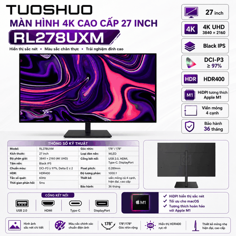 Màn Hình Chuyên Đồ Họa Tuoshuo RL278UXM – 27 Inch | 4K UHD | Nano IPS | 98% DCI-P3 | Type-C | HDR400 FULL VAT CHÍNH HÃNG