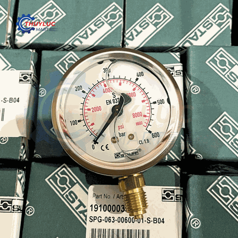 Đồng hồ Stauff đo áp suất D63, 600bar, chân đáy, SPG-063-00600-01-S-B04