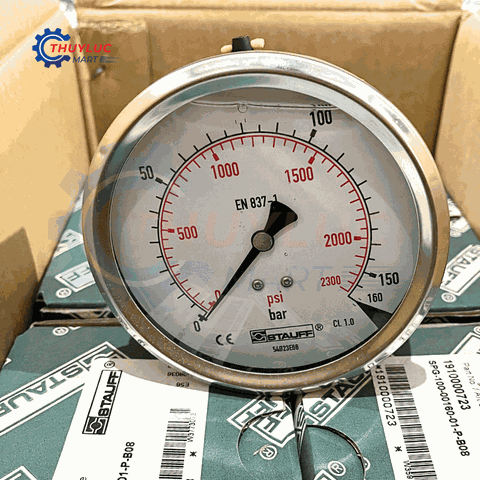 Đồng hồ Stauff đo áp suất D100. 160bar, chân lưng, SPG-100-00160-01-P-B08