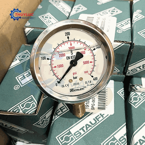 Đồng hồ Stauff đo áp suất D63, 400bar, chân đáy, SPG-063-00400-01-S-B04