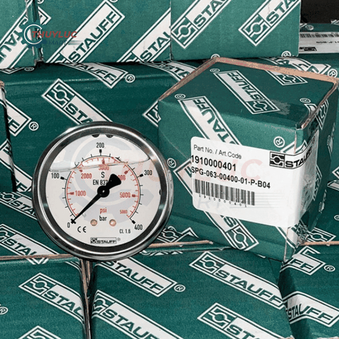 Đồng hồ Stauff đo áp suất D63, 400bar, chân lưng, SPG-063-00400-01-P-B04