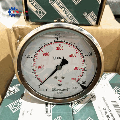Đồng hồ Stauff đo áp suất D100, 400bar, chân lưng, SPG-100-00400-01-P-B08