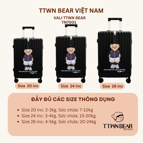 Vali du lịch size 20, size 24 chính hãng TTWN BEAR - TN7001 