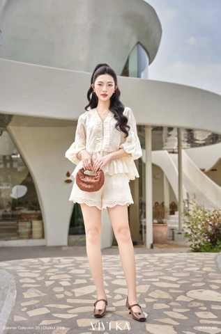 Set áo Angel babydoll cổ V+quần short tơ thêu