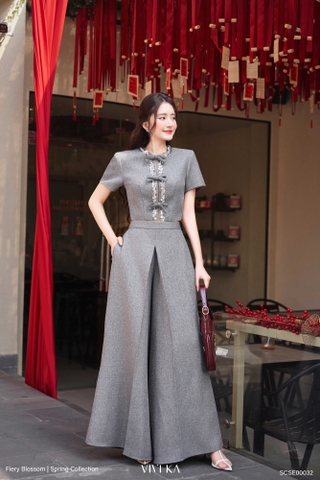 Set Kristina áo kết cườm phối nơ+ quần dài ống rộng