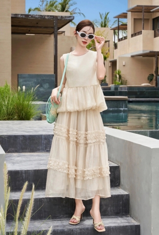 Set áo bí trơn + váy tầng dài lưng thun
