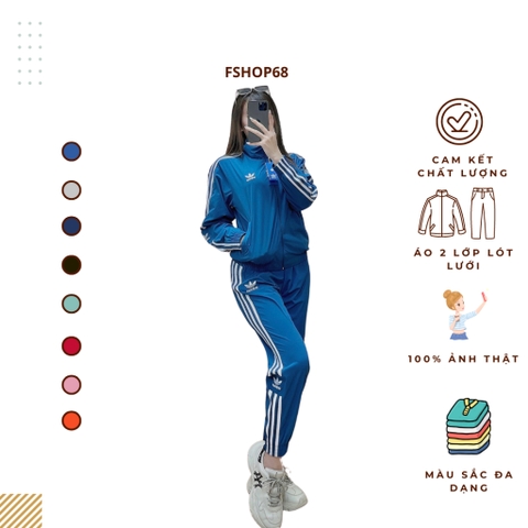 Set thể thao nữ Adidas chất gió co giãn, áo 2 lớp lót lưới, túi quần áo có khoá, set thu đông vnxk BGWM2