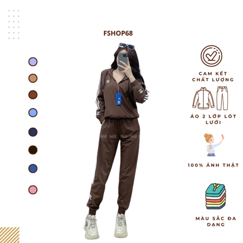 Bộ thể thao nữ Adidas chất gió cao cấp mềm mịn CÓ MŨ 3 sọc khỏe khoắn, áo lót lưới, túi áo quần có khóa,  BGWM11