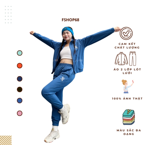 Bộ thể thao nữ  MLB chất gió áo lót lưới, túi áo quần có khóa,logo thêu, bo gấu áo quần,  set thu đông co giãn vnxk