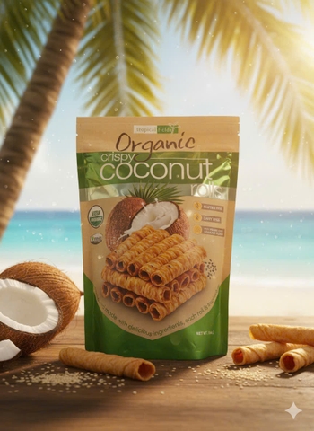 BÁNH CUỘN DỪA HỮU CƠ TROPICAL FIELDS ORGANIC CRISPY COCONUT ROLLS TÚI 285G CỦA MỸ