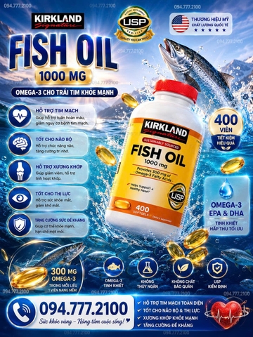 Dầu Cá Kirkland Signature Fish Oil 1000mg – Chăm Sóc Toàn Diện Cho Tim, Mắt Và Trí Não (400 Viên)