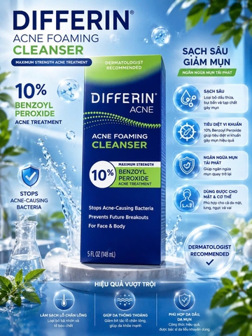 SỮA RỬA MẶT GIẢM MỤN TẠO BỌT DIFFERIN ACNE FOAMING CLEANSER 10% BENZOYL PEROXIDE 148ML CỦA MỸ