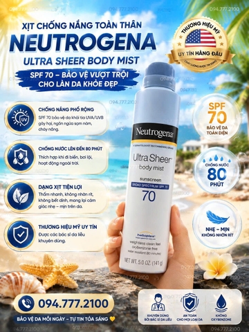 XỊT CHỐNG NẮNG TOÀN THÂN NEUTROGENA ULTRA SHEER BODY MIST SUNSCREEN BROAD SPECTRUM SPF 70 CHAI 141G CỦA MỸ
