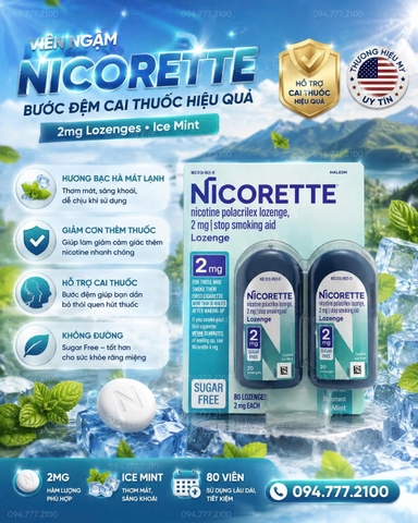VIÊN NGẬM HỖ TRỢ CAI THUỐC LÁ NICORETTE NICOTINE POLACRILEX LOZENGE 2MG COATED ICE MINT VỈ 80 VIÊN CỦA MỸ