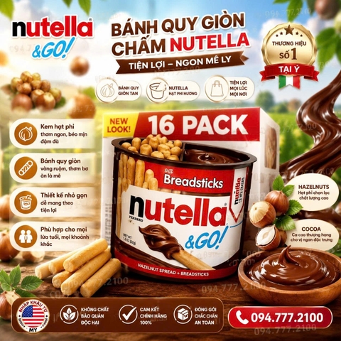 BÁNH QUE CHẤM KEM SÔ-CÔ-LA HẠT DẺ NUTELLA & GO! WITH BREADSTICKS THÙNG 16 HỘP CỦA MỸ