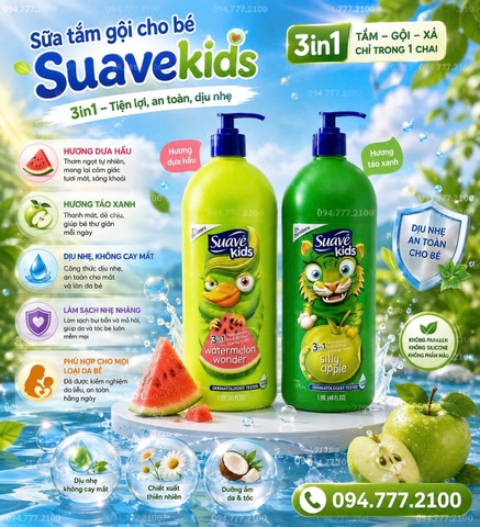 SỮA TẮM GỘI XẢ CHO BÉ SUAVE KIDS 3 IN 1 CHAI VÒI BƠM 1.18L CỦA MỸ (HƯƠNG DƯA HẤU & TÁO XANH) Chăm sóc là