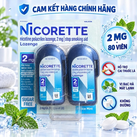 VIÊN NGẬM HỖ TRỢ CAI THUỐC LÁ NICORETTE LOZENGE 2MG VỊ BẠC HÀ HỘP 80 VIÊN CỦA MỸ