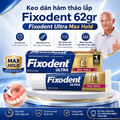 [LẺ 1 TUÝP] Kem Dán Hàm Giả Fixodent Ultra Max Hold 62g - Hàng Mỹ